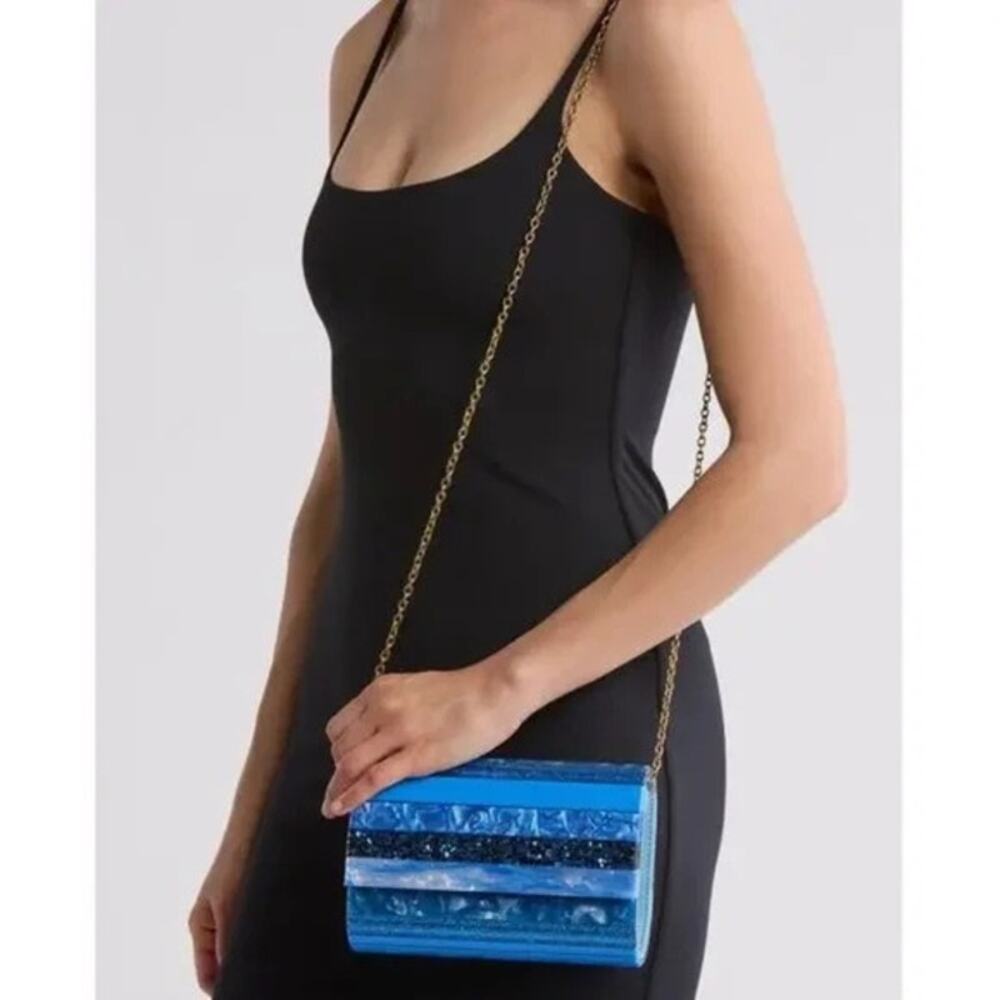 KURT GEIGER London Blue Turquoise Striped Party Clutch Envelope Chain Bag Purse